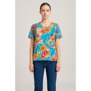 Aero Women's Tropical Floral Short Sleeve Tee Shirt Size Small Multicolor
